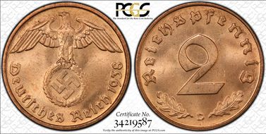 1938-D 2 Pfg J-362 MS65RD