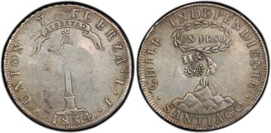(1834-37) 8 R KM-108 C/M on Chile Peso XF45