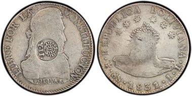 (1834-37) 8 R KM-100 C/M on Bolivia 8S F12