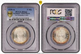 1936-A 5 Mk No Swastika J-360 MS64