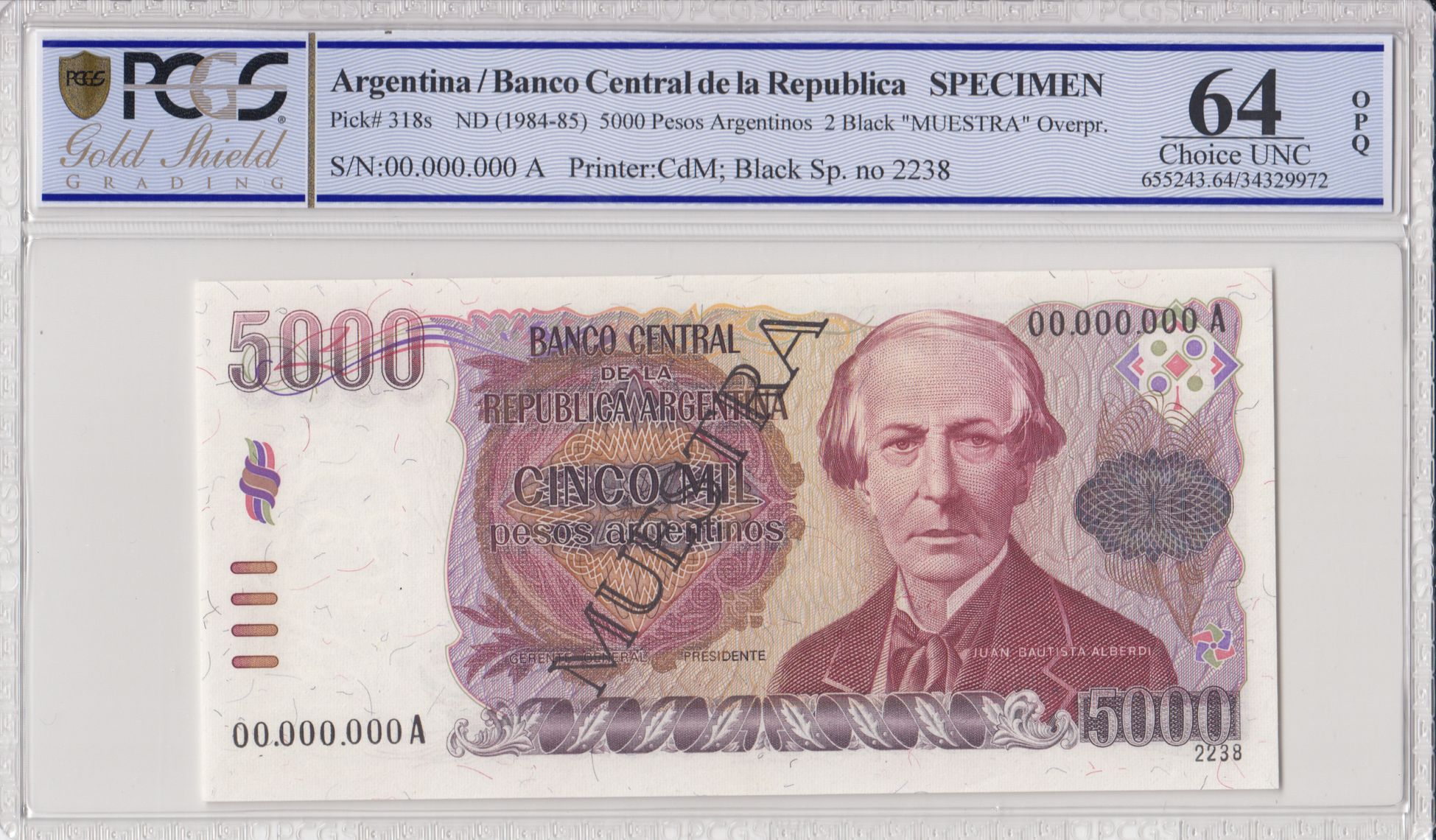 Pick # 318s ND (1984-85) 5000 Pesos Argentinos SPECIMEN 67 Banco ...