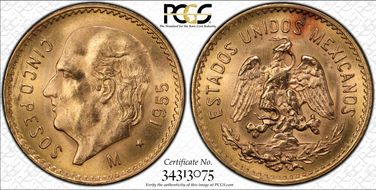 1955-M 5 Peso KM-464  Au MS65