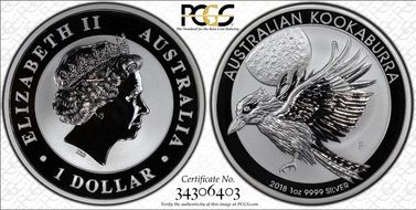 2018-P $1 Kookaburra Ag First Strike MS70