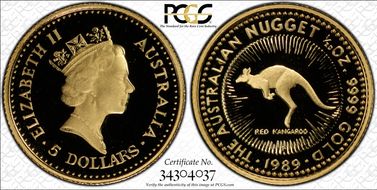 1989-P $5 Red Kangaroo-Nugget PR70DCAM