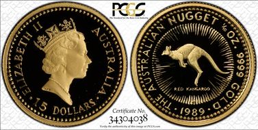 1989-P $15 Red Kangaroo-Nugget 1/10oz Au PR69DCAM