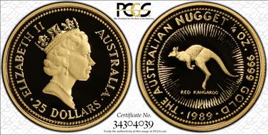 1989-P $25 Red Kangaroo-Nugget 1/4oz Au PR69DCAM