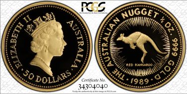 1989-P $50 Red Kangaroo-Nugget 1/2oz Au PR70DCAM