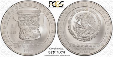 1993-Mo 5 Peso Brasero Efigie T-2 Mo Above Date MS69