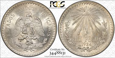 1924-M Peso KM-455 Ag MS63