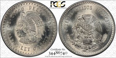 1948-Mo 5 Peso Cuauhtemoc KM-465  Ag MS66
