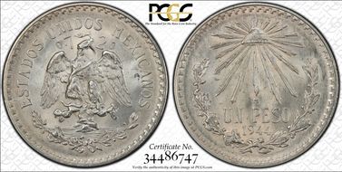 1944-M Peso KM-455  Ag MS65
