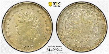 1887 50C Restrepo-405.1 Bogota AU58