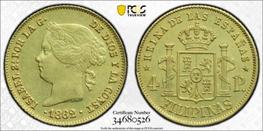 1862 4 Peso KM-144 Au MS62