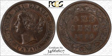 1858 1C ↑↑ Bronze, Broken Vine AU55BN