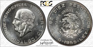 1955-Mo 10 Peso Hidalgo KM-474  Ag MS64