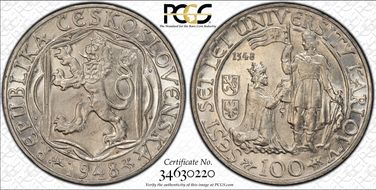1948 100 Kor Charles University KM-26 Ag MS65