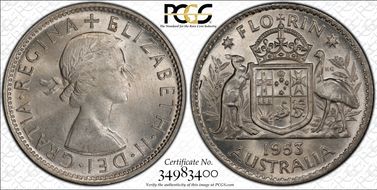 1953(m) Florin Small Rev. Denticles KM-54  Ag MS64