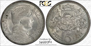 1931 5 Lat KM-9  Ag MS63