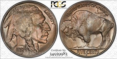 1937-D 5C 3 Legs MS63