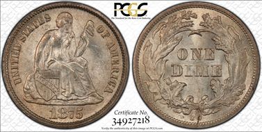 1875-CC 10C Mintmark Below Bow MS65