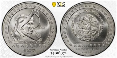 1992-Mo 100 P Guerrero Aguila KM-556  Ag MS67