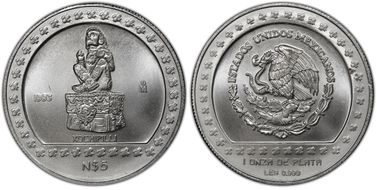 1993-Mo 5 Peso Xochipilli KM-647  Ag MS67