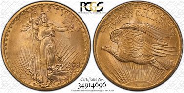 1908 $20 No Motto - Wells Fargo MS68