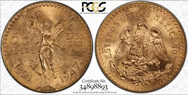 1947 50 Peso KM-481  Au MS65