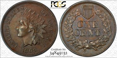 1869/69 1C RPD, S-4, FS-303 AU58BN