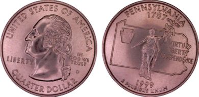 1999-D 25C Pennsylvania MS67+