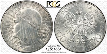 1932(w) 10 Zl Queen Jadwiga KM-22  Ag MS63