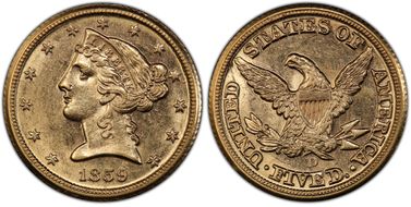 1859-D $5 Medium D MS62