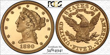 1890 $5 PR65DCAM