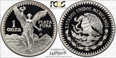 1989-Mo Onza Libertad Ag w/ Dot .999 PR69DCAM