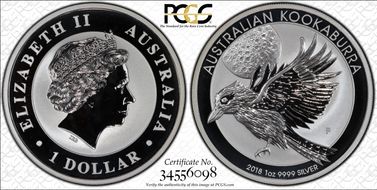 2018-P $1 Kookaburra Ag First Strike MS70