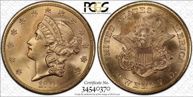 1857-S $20 Spiked Shield S.S. Central America #2 (with Pinch) MS64+ 