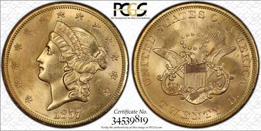 1857-S $20 Bold 7, Faint S S.S. Central America #2 (with Pinch) MS62