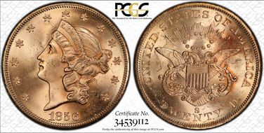 1856-S $20 Full Serif, S Tilted Right S.S. Central America #2 (with Pinch) MS64