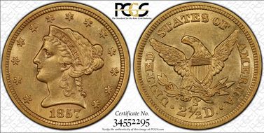 1857-S $2.50 S.S. Central America #2 AU58