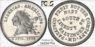 (1876) Token Rulau Md-Ba 205 White Metal Patapsco Fruit Butter Co. MS63