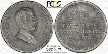 (1865) Medalet JAB-20 White Metal Bolen-Abraham Lincoln MS62