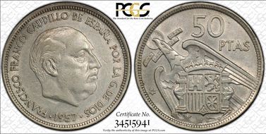 1957 50 Pta (1958) U.G.L. edge AU55