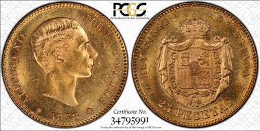 1878-EM M 25 Pta (1878) MS62