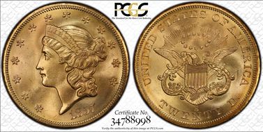 1857-S $20 Spiked Shield S.S. Central America #2 (with Pinch) MS66+