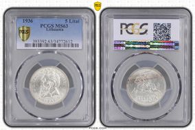 1936 5 Litai Jonas Basanavičius ↑↑ KM-82  Ag MS63