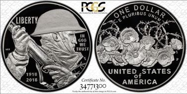 2018-P $1 WWI Centennial First Strike PR70DCAM