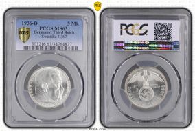 1936-D 5 Mk Swastika J-367 MS63