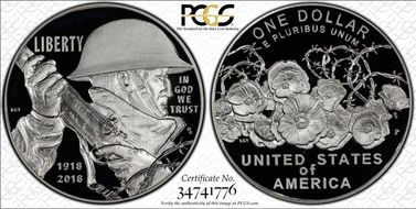2018-P $1 WWI Centennial First Strike PR70DCAM