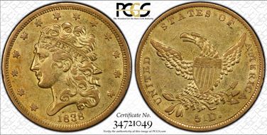 1838 $5 AU50