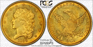 1834 $5 Classic Head, Plain 4 MS63